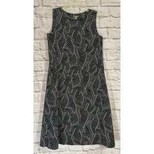 J Jill A Line Dress Small Linen Cotton Blend Pockets Black White Print EUC